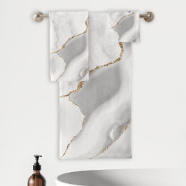 Conjunto De Toalhas Mármore Branco Ágata Cinza Brilho Dourado