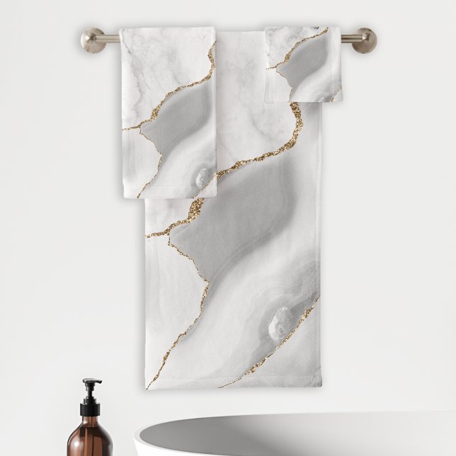 Conjunto De Toalhas Mármore Branco Ágata Cinza Brilho Dourado (Criador carregado)
