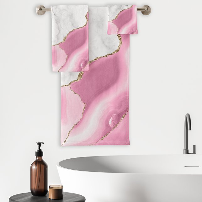 Conjunto De Toalhas Mármore Branco Ágata Rosa Brilho Dourado (Criador carregado)