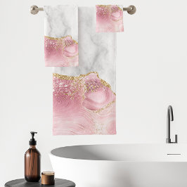 Conjunto De Toalhas Mármore Branco Ágata Rosa Pastel Brilho Dourado