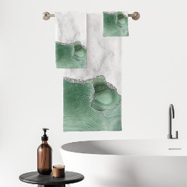 Conjunto De Toalhas Mármore Branco Ágata Verde Sage Brilho Prata