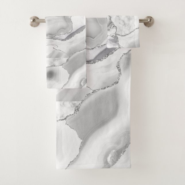 Conjunto De Toalhas Mármore Branco Brilho Prata Ágata Elegante (Insitu)