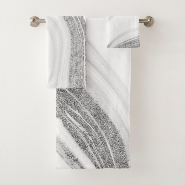 Conjunto De Toalhas Mármore Branco Resfriado Pedra Brilho Prata (Insitu)