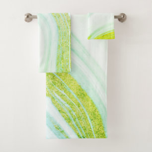 Conjunto De Toalhas Mármore Branco Resfriado Pedra Brilho Verde