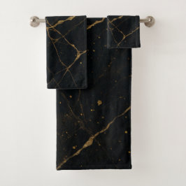 Conjunto De Toalhas Mármore de Meia-Noite Dourado Preto e Dourado