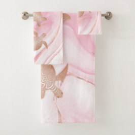 Conjunto De Toalhas Mármore de Tinta Dourada das Tartarugas rosa
