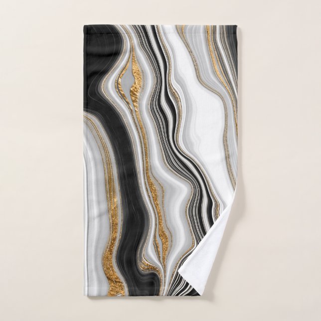 Conjunto De Toalhas Mármore Preto Branco Elegante Dourado (Toalha de mão)