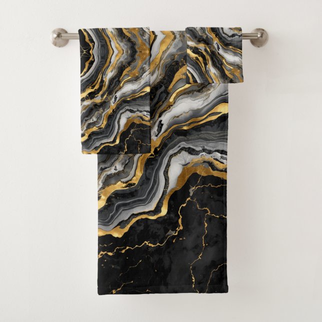 Conjunto De Toalhas Mármore preto elegante com textura dourada (Insitu)