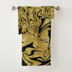 Conjunto De Toalhas Mármore Remexido Dourado Amarelo e Elegância Preta