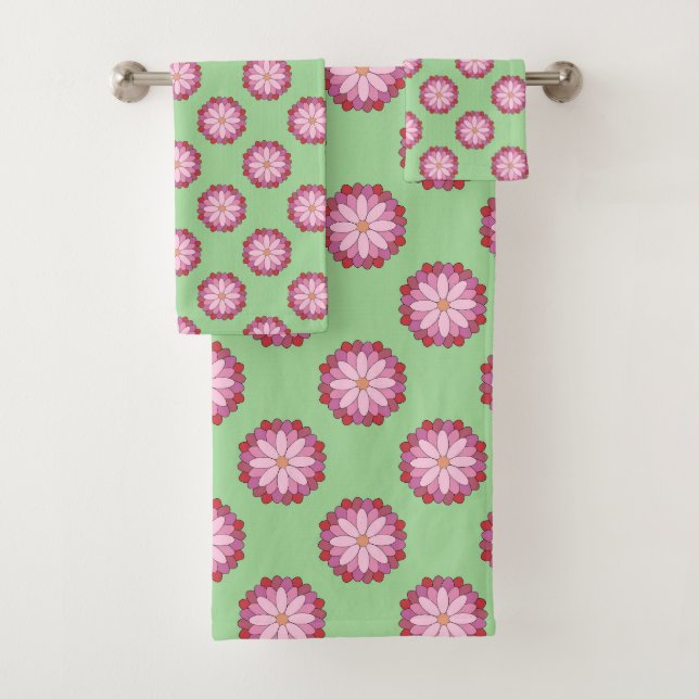 Conjunto De Toalhas Medalhão Verde-Asiático Pastel Rosa Floral (Insitu)