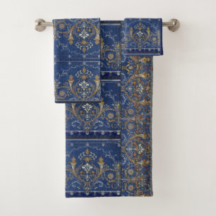 Conjunto De Toalhas Medalhões, Prata Vitoriana Dourada Azul Motifs