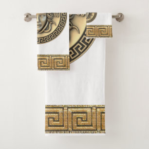 Conjunto De Toalhas Medusa Gorgona Dourada Chave Grega Branca