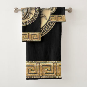 Conjunto De Toalhas Medusa Gorgona Dourada Chave Grega Preta