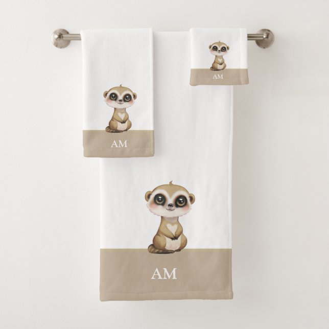 Conjunto De Toalhas Meerkat e monograma bonitos em bege e branco (Insitu)