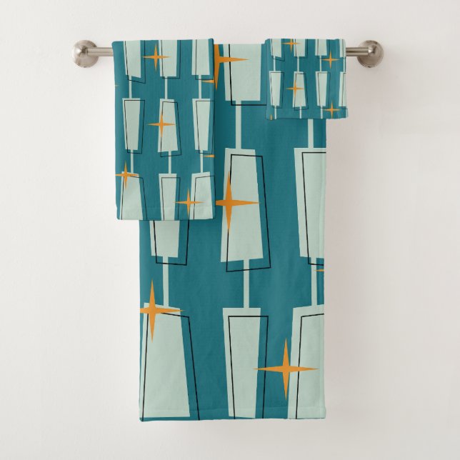 Conjunto De Toalhas Meio século Modern Atomic Blocks Teal, Aqua (Insitu)
