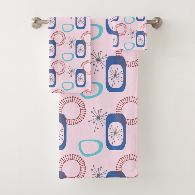 Conjunto De Toalhas Meio século Moderno Rosa Starbursts Atômicos Rosa  (Insitu)