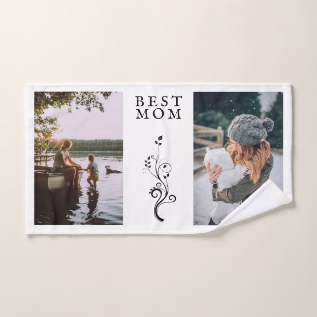 Conjunto De Toalhas Melhor Mãe Folhagem Moderna 2 Fotos Personalizadas (Toalha de mão)