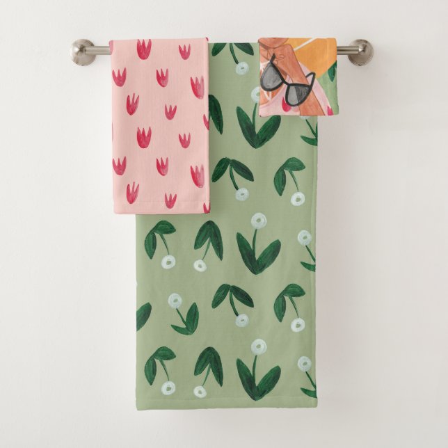 Conjunto De Toalhas Menina estampa floral verde sálvia e rosa (Insitu)
