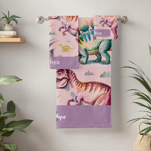 Conjunto De Toalhas Meninas Lindo Monograma Dinossauro & Nome Crianças