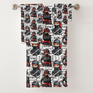 Conjunto De Toalhas Meninas Ninja Anime Com Design De Padrão De Texto