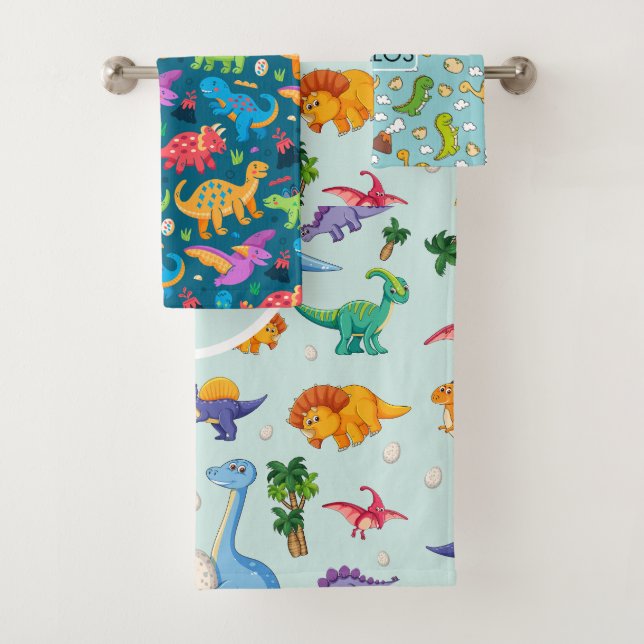 Conjunto De Toalhas Meninos Fofo Dinossauro e Crianças de Nome (Insitu)