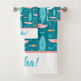 Conjunto De Toalhas Mid Century Pink Catamaran - Blue Background