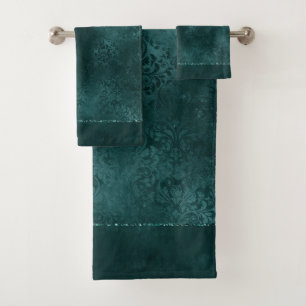 Conjunto De Toalhas Midnight Teal Romance Dark Satinge Damask