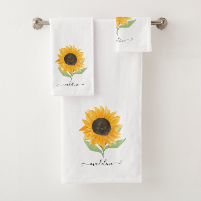 Conjunto De Toalhas Minimal Rustic Sunflower Personalized Name Script (Insitu)