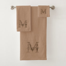 Conjunto De Toalhas Minimalist Script Taupe Metallic Gold Monogram