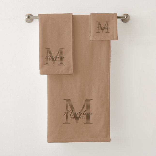 Conjunto De Toalhas Minimalist Script Taupe Metallic Gold Monogram (Insitu)