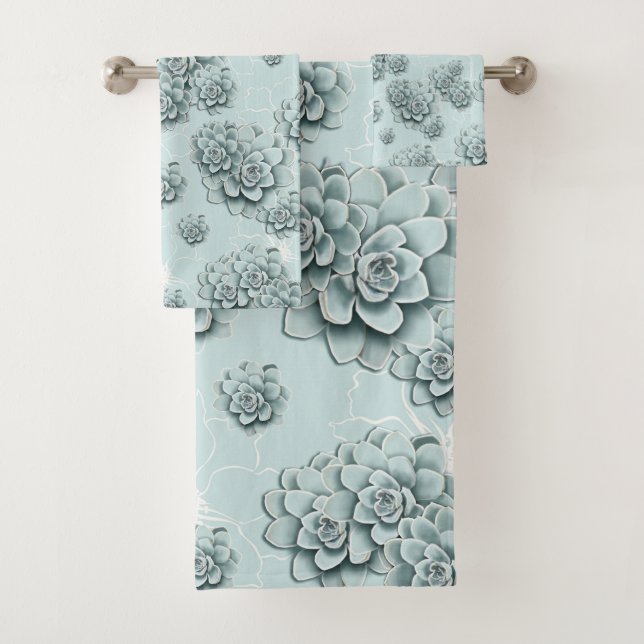 Conjunto De Toalhas Mint Blue Succulents em padrão comum Repetir (Insitu)