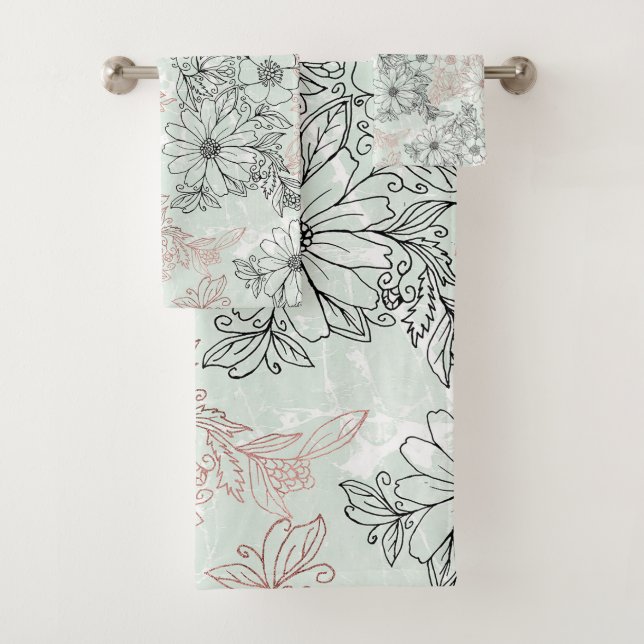 Conjunto De Toalhas Mint Negro Rosa Dourado Mármore (Insitu)