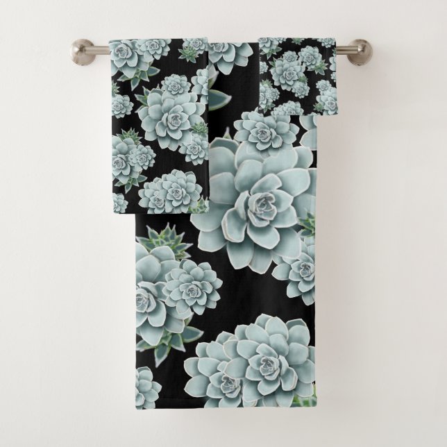 Conjunto De Toalhas Mint Rosette Suculenta Repetir Impressão a Preto (Insitu)