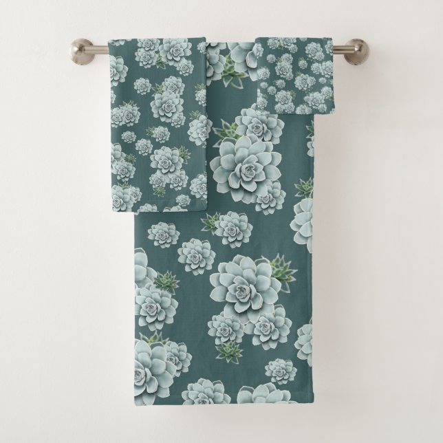 Conjunto De Toalhas Mint Rosette Suculenta Repetir Impressão no Pine V (Insitu)