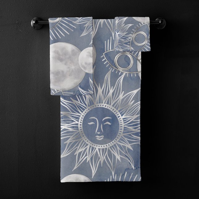 Conjunto De Toalhas Mística Solar | Lua azul-poeirenta Estrelas dourad (Criador carregado)