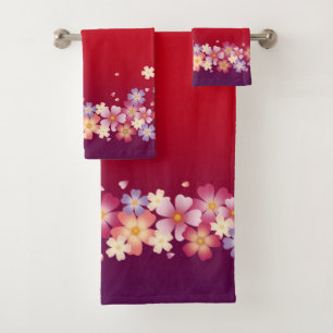 Conjunto De Toalhas Mistura Sakura Blossoms Kimono Style Red & Purple