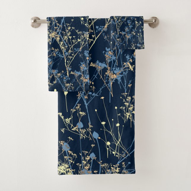 Conjunto De Toalhas Modern Abstract Wildflowers on Dark Navy Blue (Insitu)