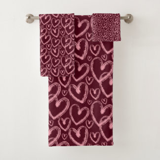 Conjunto De Toalhas Modern Brush Heart Burgundy Pink Pattern