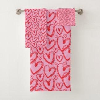 Conjunto De Toalhas Modern Brush Heart Pink Red Pattern