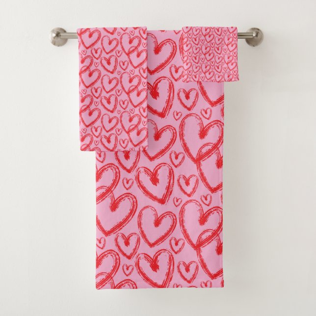 Conjunto De Toalhas Modern Brush Heart Pink Red Pattern (Insitu)