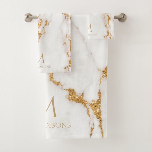 Conjunto De Toalhas Modern Marble Glitter Monograma Dourado ID816 (Insitu)