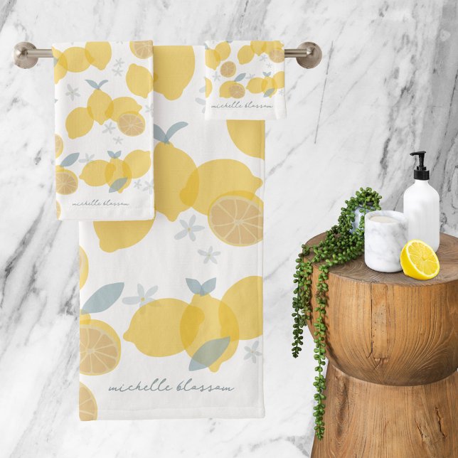 Conjunto De Toalhas Modern Pastel Citrus Lemons Monograma (Modern Pastel Citrus Lemons Monogram Script Bath Towel Set)