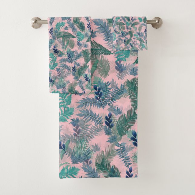 Conjunto De Toalhas Modern Tropical Blue Foliage Pink Pattern (Insitu)