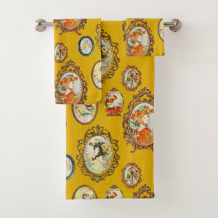 Conjunto De Toalhas Modern Vintage Art Nouveau Meninas Flores Amarelo