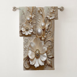 Conjunto De Toalhas Modern White Flowers Pearls Towel Set