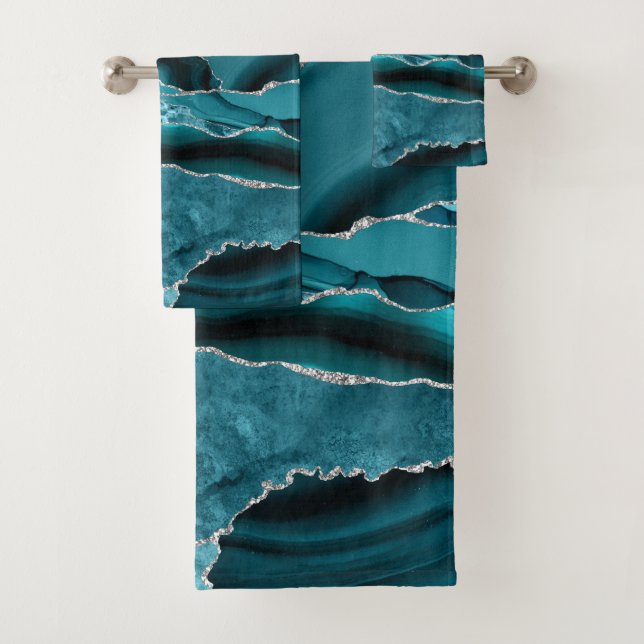 Conjunto De Toalhas Moderno Azul Teal Abstrato Ágata Brilho Prata (Insitu)