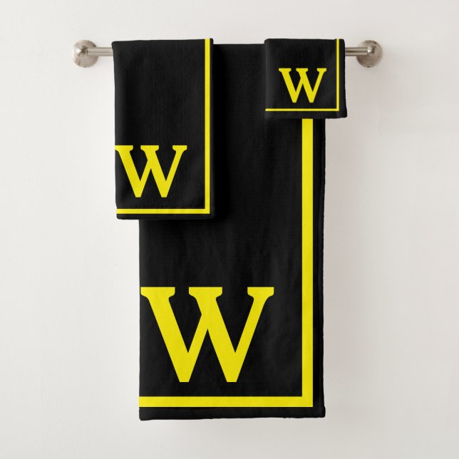 Conjunto De Toalhas Moderno Elegante Preto Amarelo Monograma Script (Insitu)