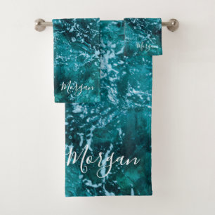 Conjunto De Toalhas Moderno Turquesa Ocean Ondas Personalizadas