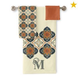 Conjunto De Toalhas Monogram Initial Spanish Tiles Flower Pattern 