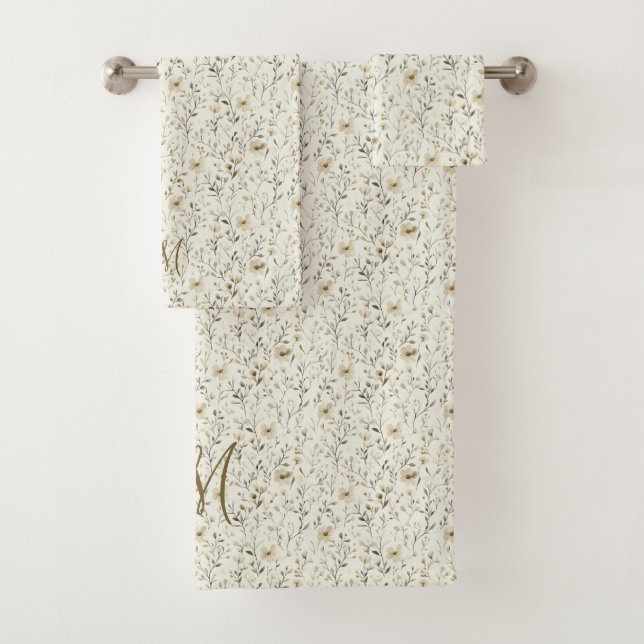 Conjunto De Toalhas Monogram Initials Neutral Boho Florals Botanicals (Insitu)